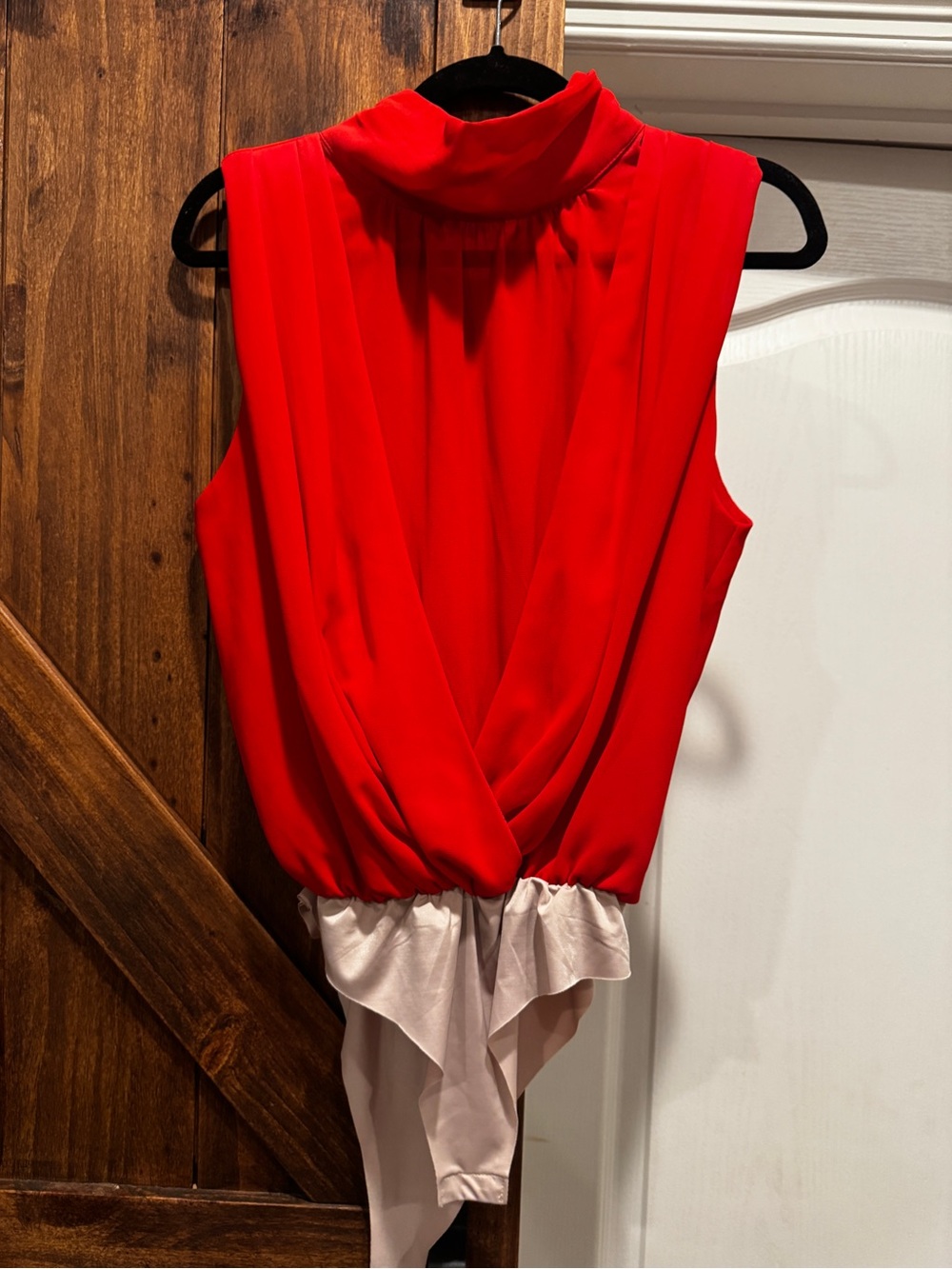 Red One-Shoulder Draped Bodysuit with Cream Ruffle